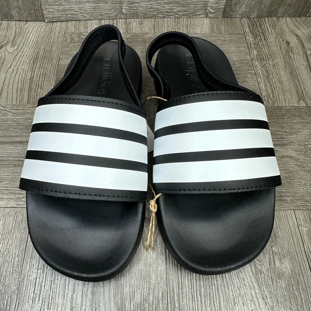 Adidas Adilette ESTRAP C‎ Kids Size 1 Black White Striped Backstrap NEW GZ5245